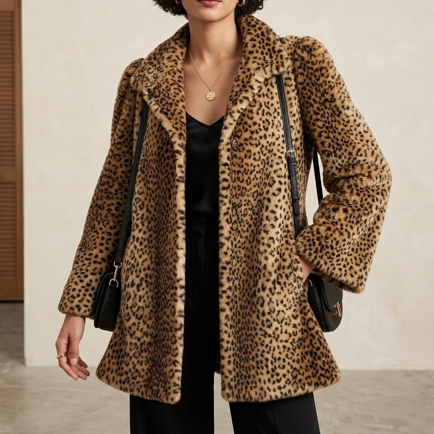 Hillmore Ny Faux Fur Leopard Print Women's Tan/Black Vintage Coat Size 12